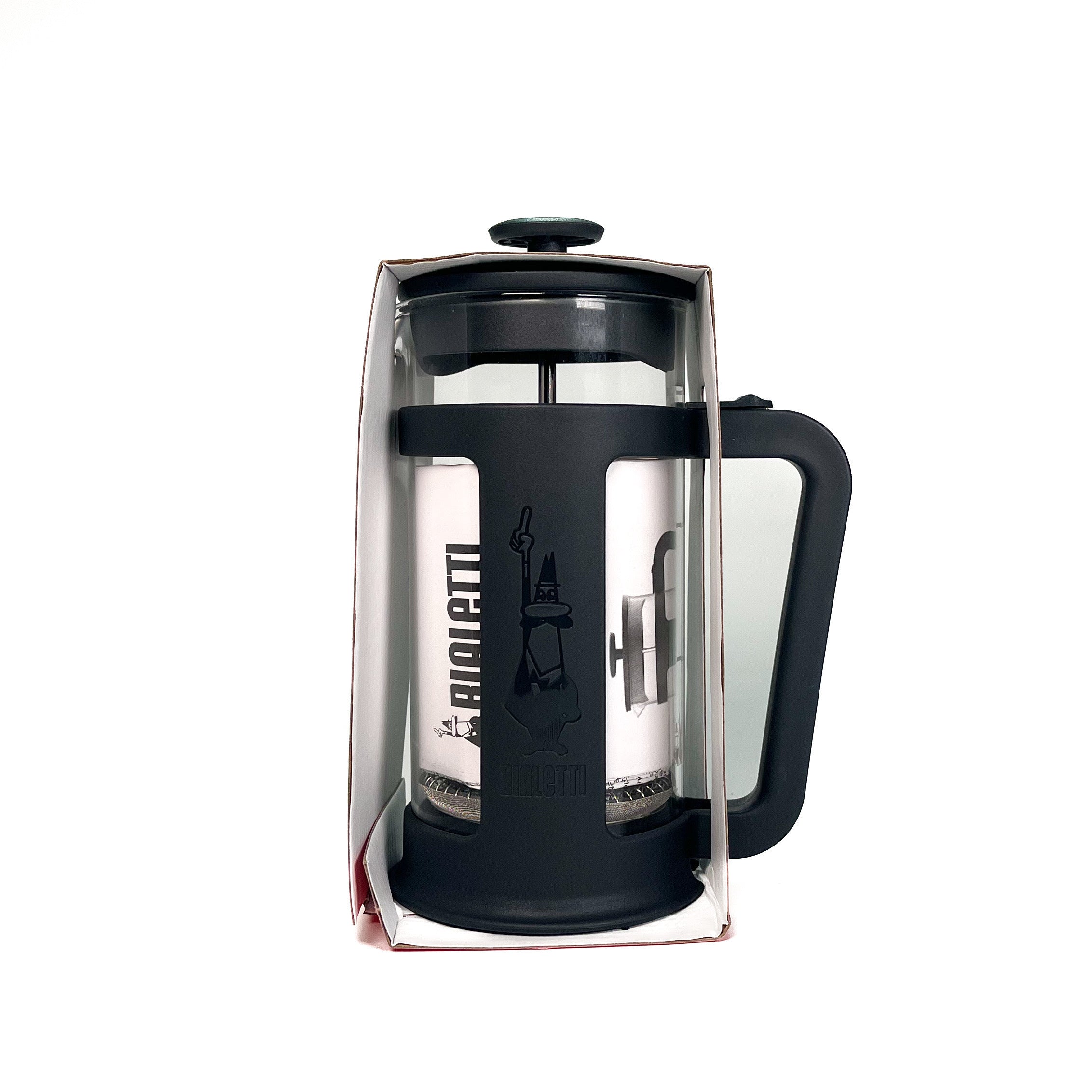 The side image of black Bialetti 3 cup french press in original packaging.