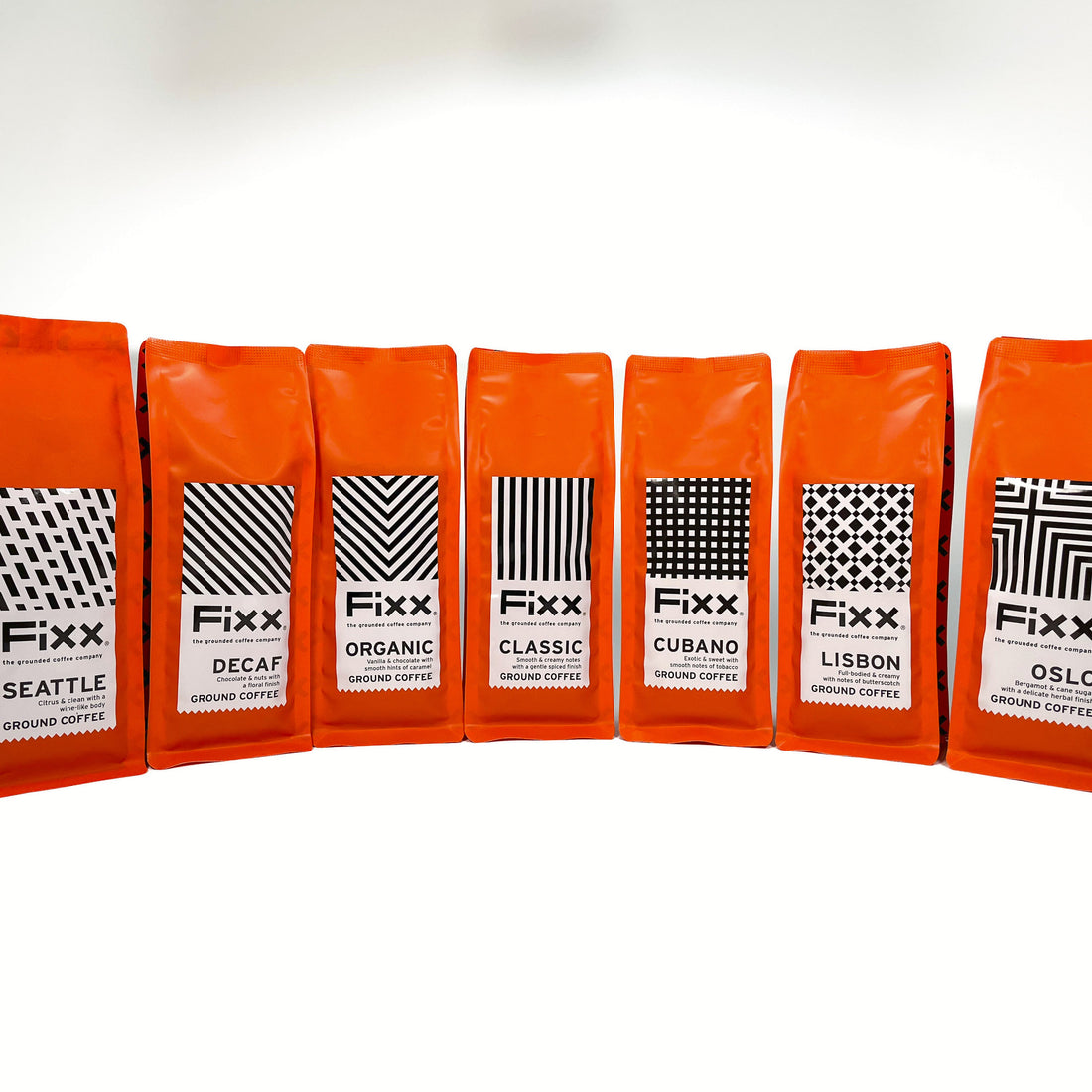 A collection of the seven different blends of the FiXX Coffee selection box.