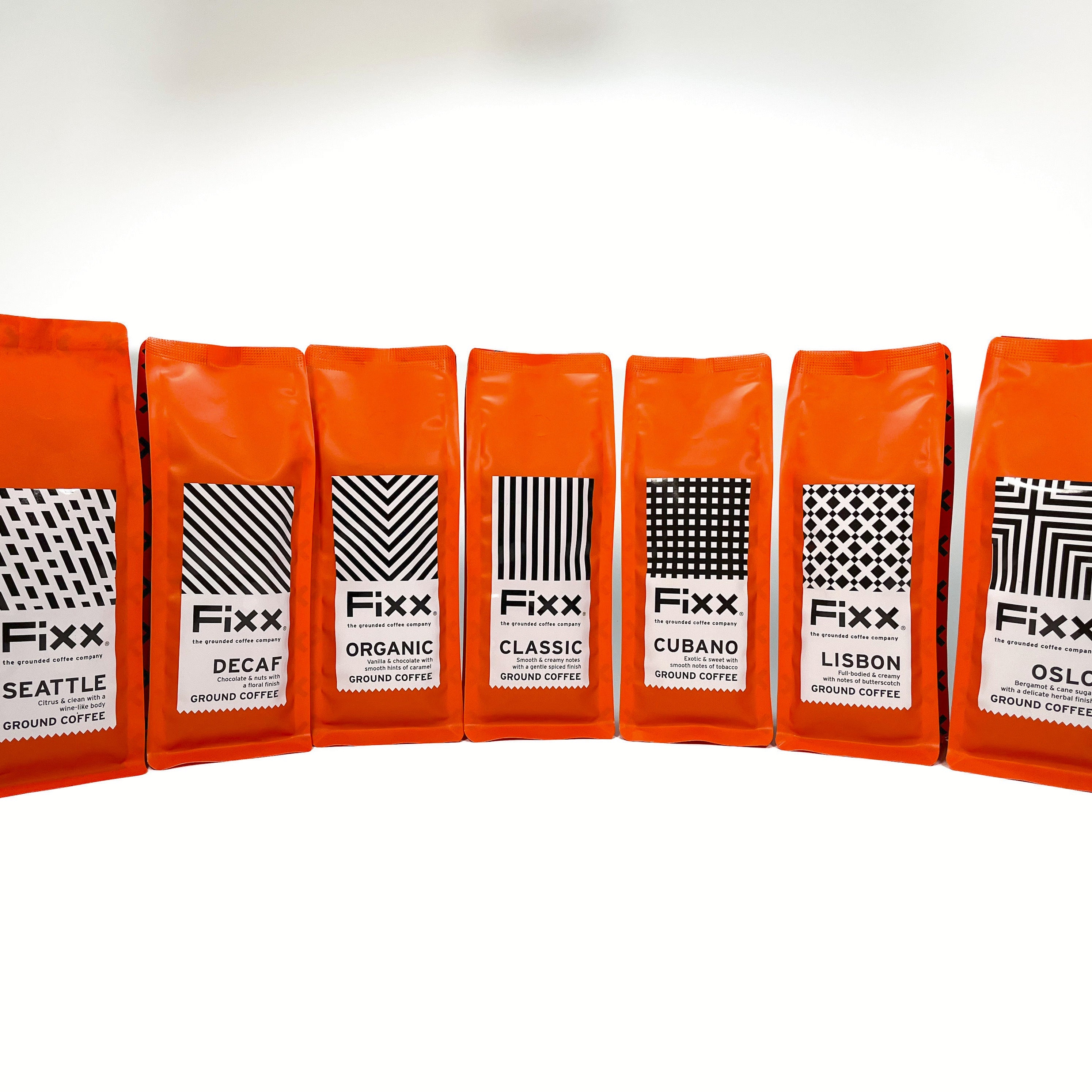 A collection of the seven different blends of the FiXX Coffee selection box.