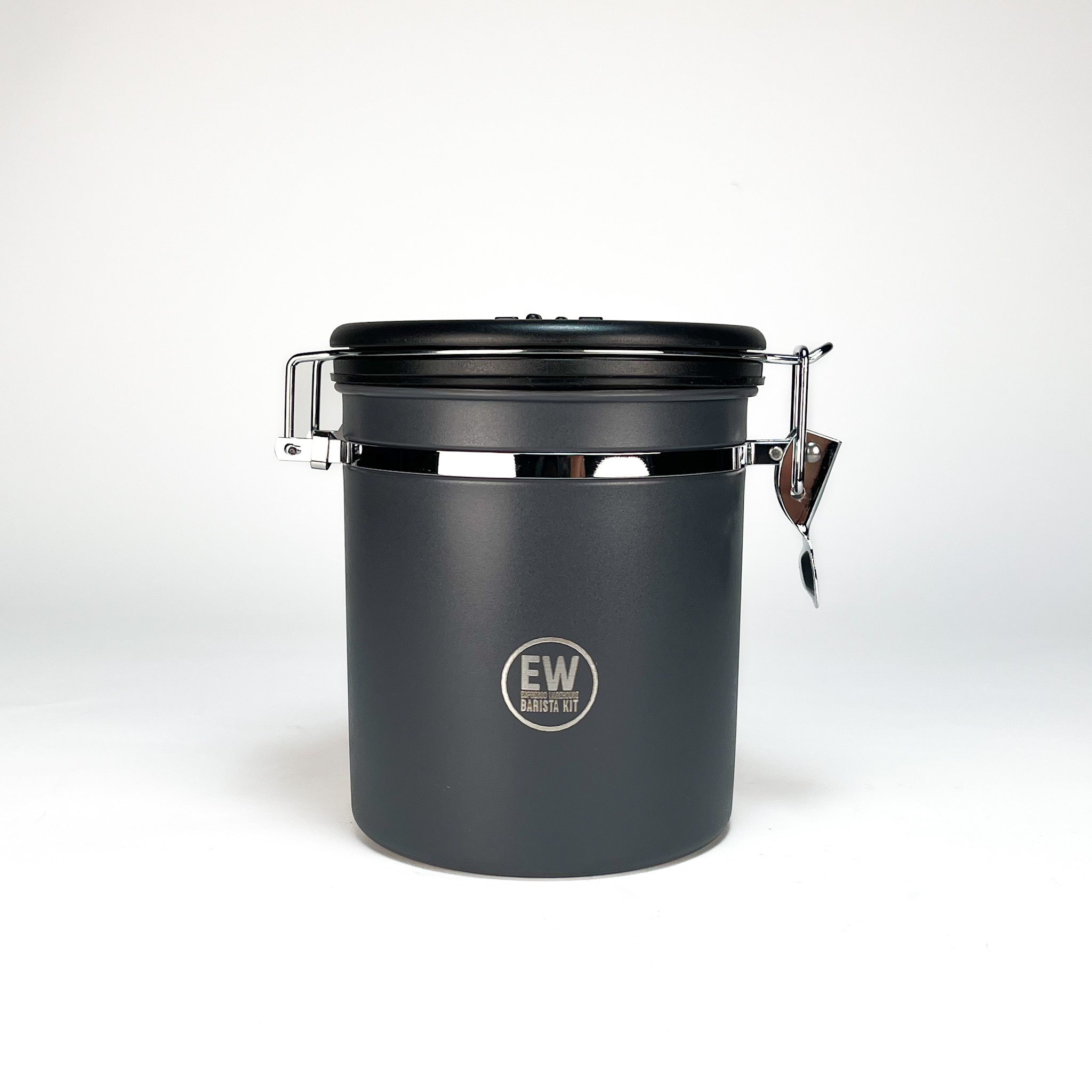 Black airtight container with a lid on a white background