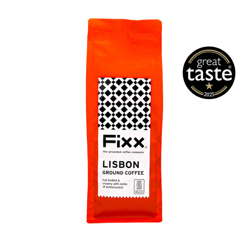 Red package of Fixx Lisbon ground coffee with Great Taste award logo on a white background