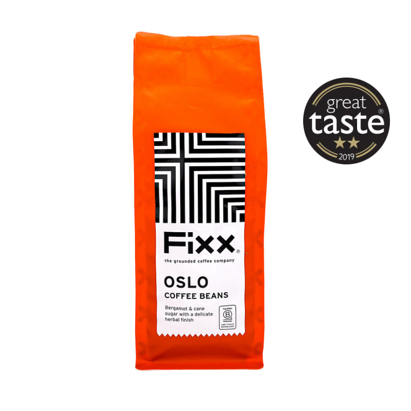 Orange package of Fixx Oslo Coffee Beans with a Great Taste award badge on a white background