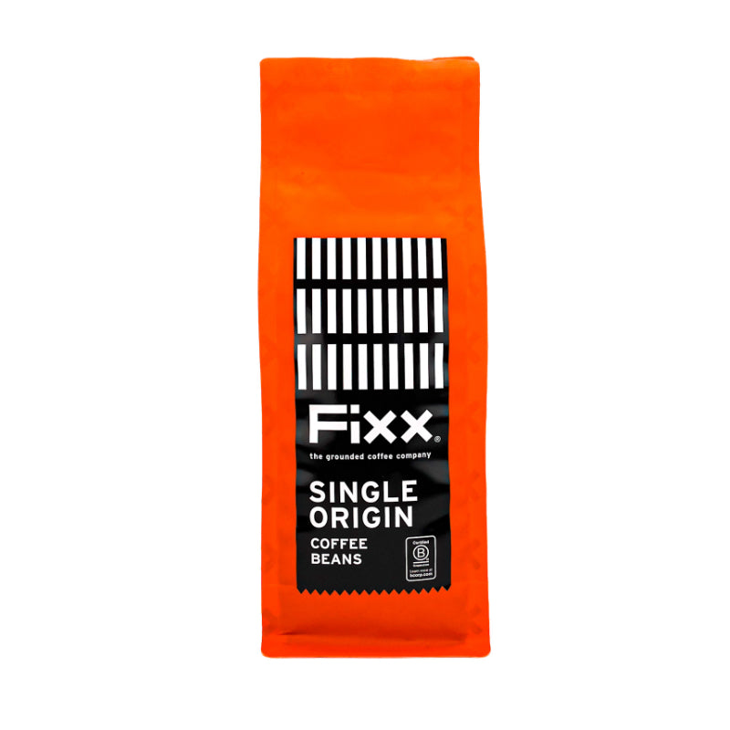 Orange package of Fixx Single Origin coffee beans on a white background