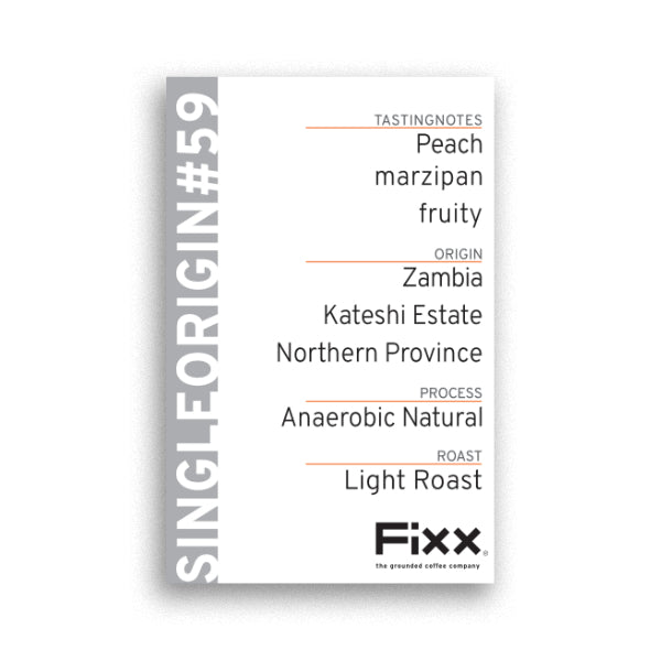A black packaging of FiXX single origin coffee with white text indicating the product is from Zambia, Kateshi Coffee Estate.