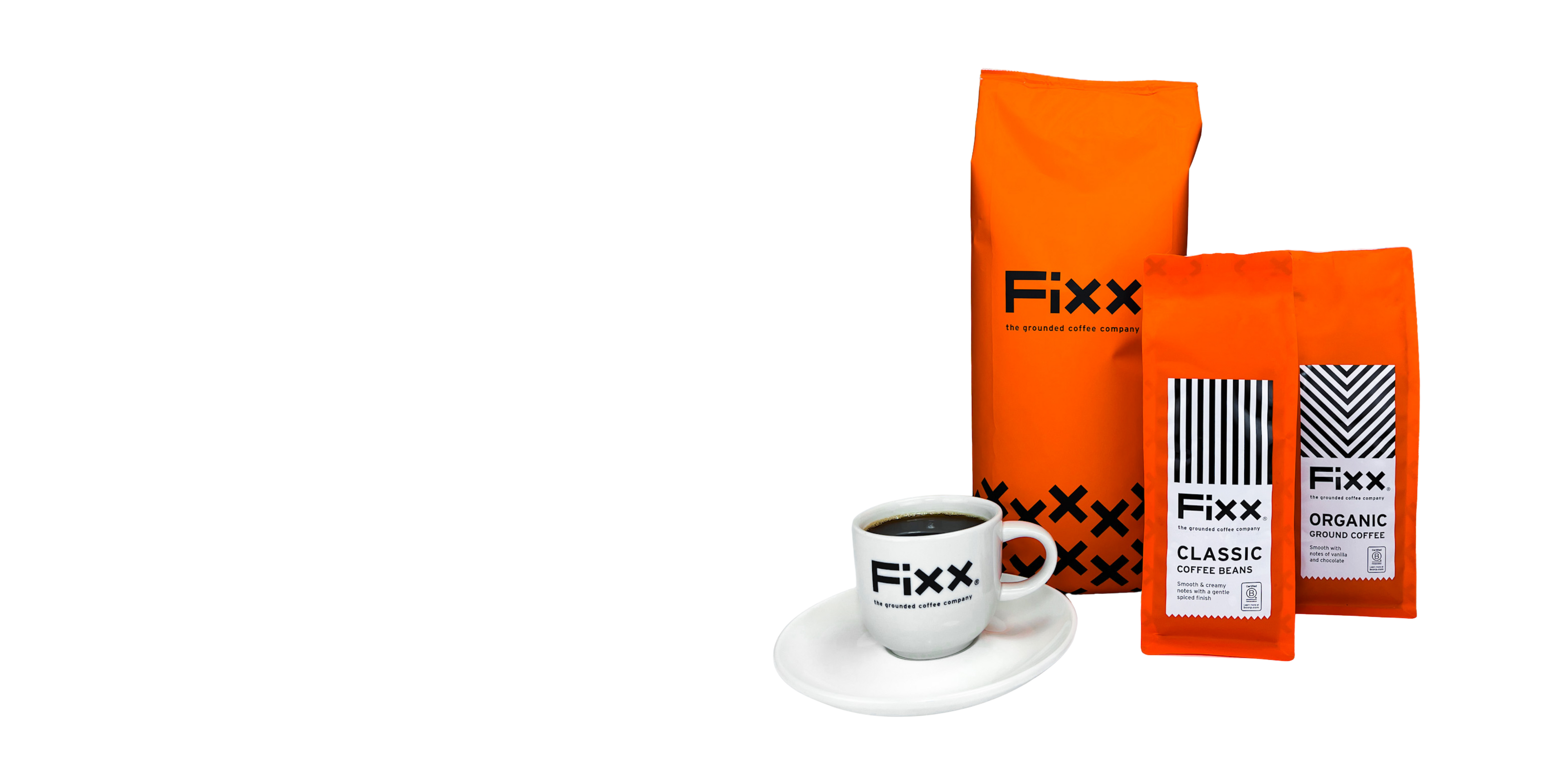 Fixx coffee bags and a cup on a white background