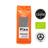 A bag of FiXX Organic coffee beans with a label indicating it is an organic product with a black and white pattern. There are badges for a Great Taste award and an Organic Association, indicating the quality and certification of the coffee.