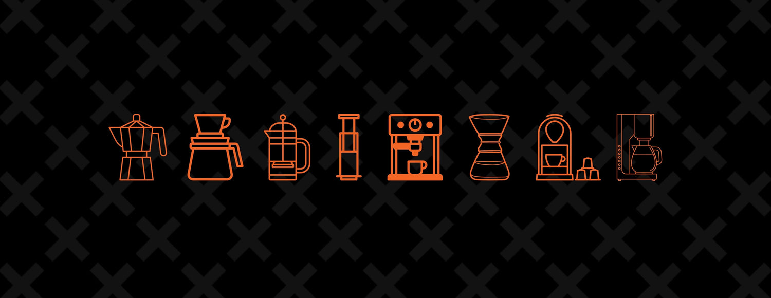 A selection of orange outlines of different coffee brewers on a black background. 