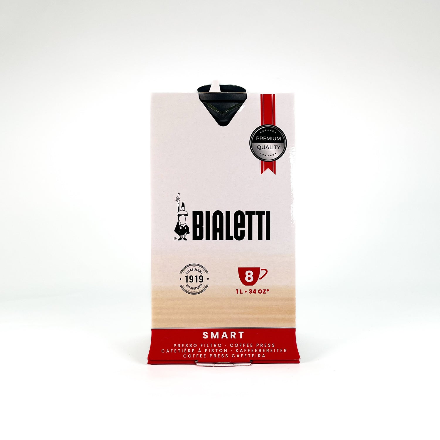 The outer packaging of Bialetti 8 cup french press.
