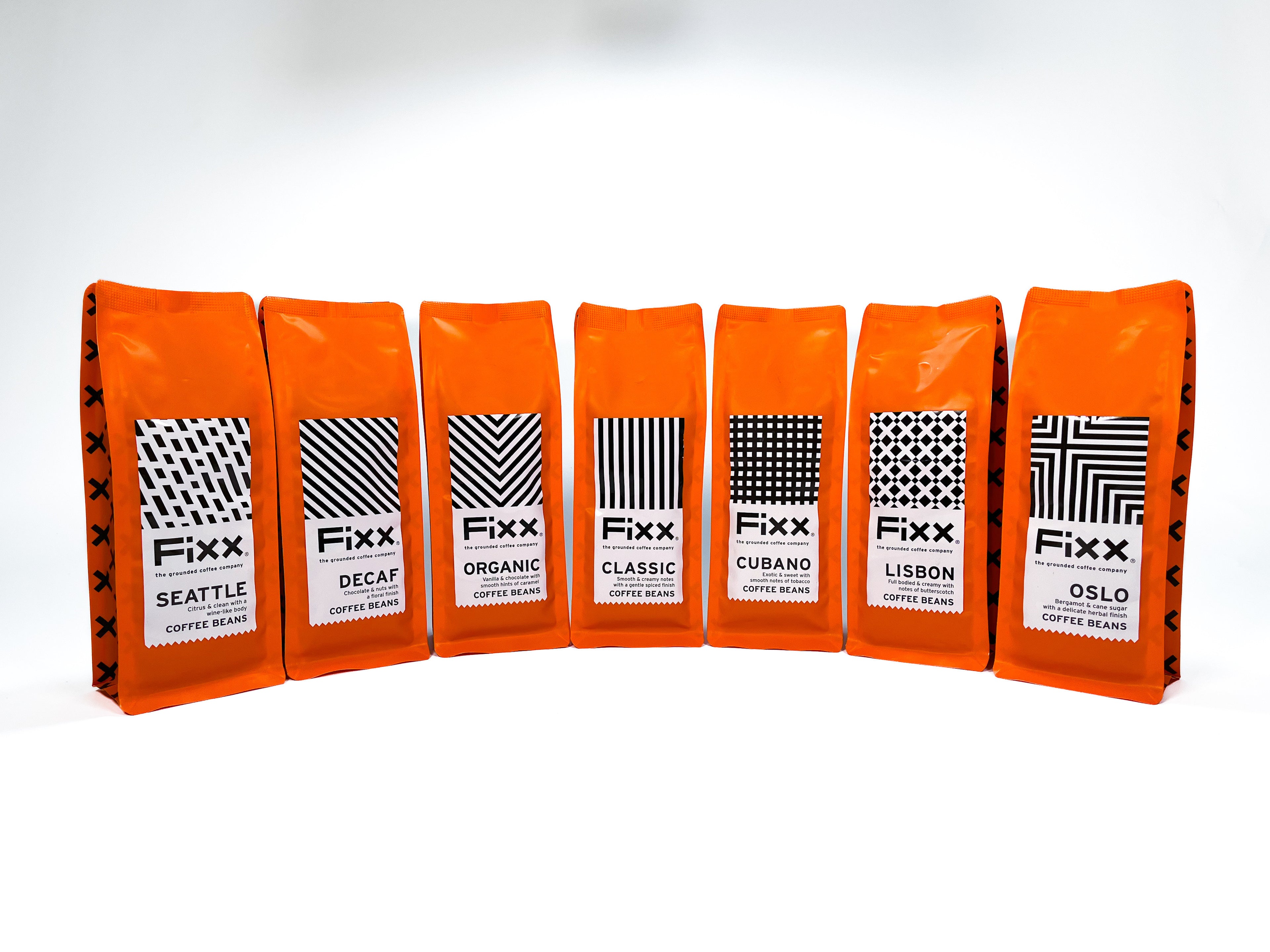 A collection of the seven different blends of the FiXX Coffee selection box.