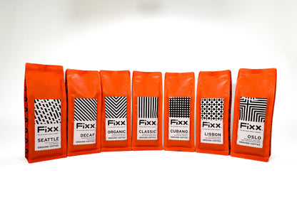 A collection of the seven different blends of the FiXX Coffee selection box.