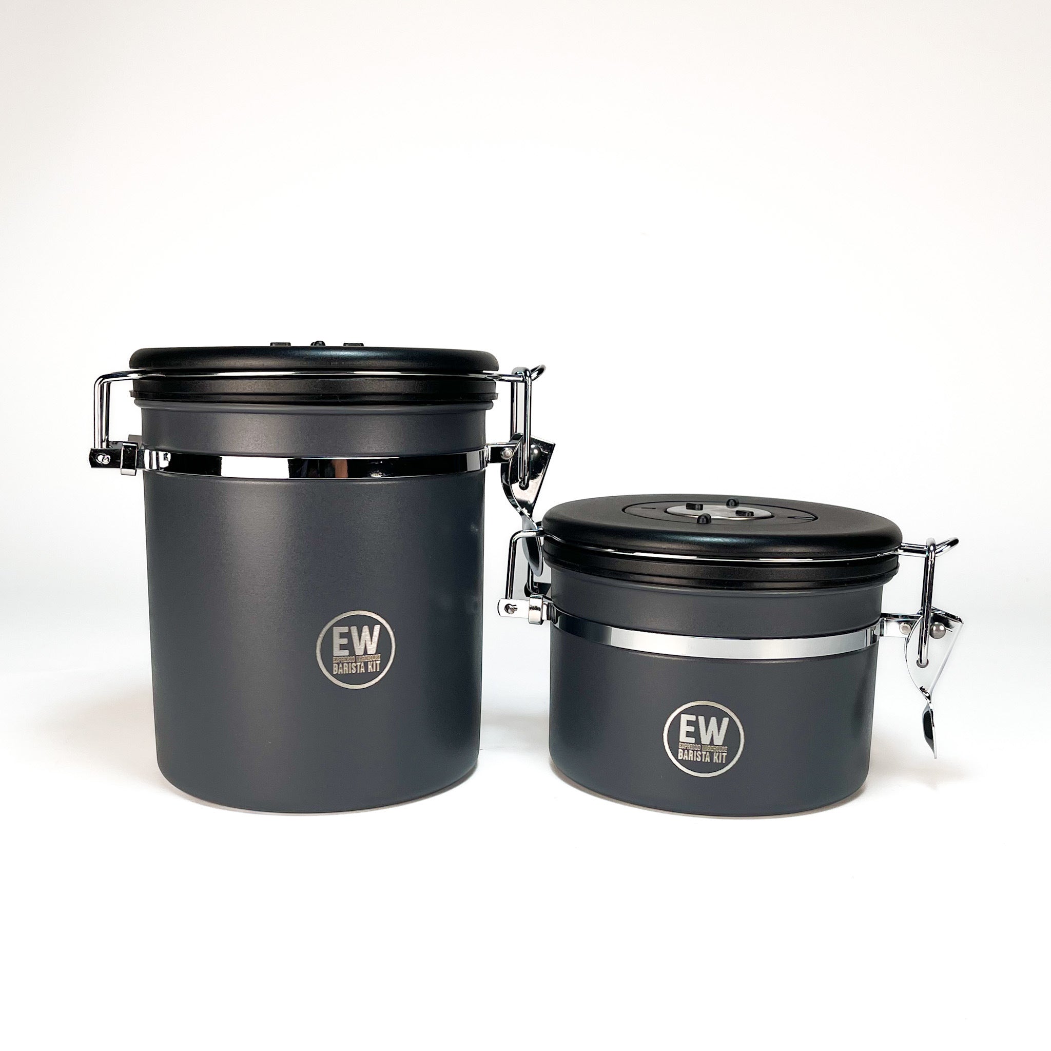 Two black storage containers with black lids on a white background, featuring the &