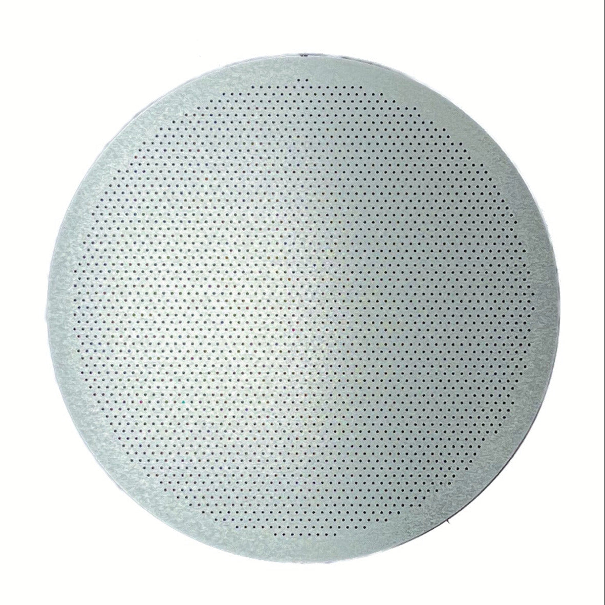 A round, light blue-gray speaker grille with a dense pattern of small perforations, shown against a solid white background.