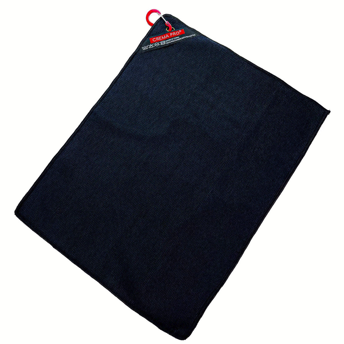 A dark navy blue microfiber towel with a small red and white &
