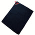A dark navy blue microfiber towel with a small red and white &